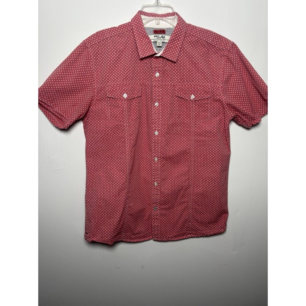 Projek Raw Men’s L Button Up Shirt Red Cotton Blend Short Sleeve Pockets